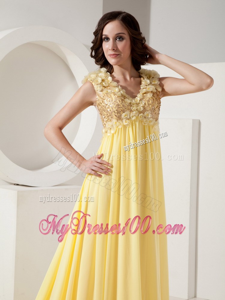 Flowers and Beading Accent on V-neck Court Train Light Yellow Chiffon Prom Gown