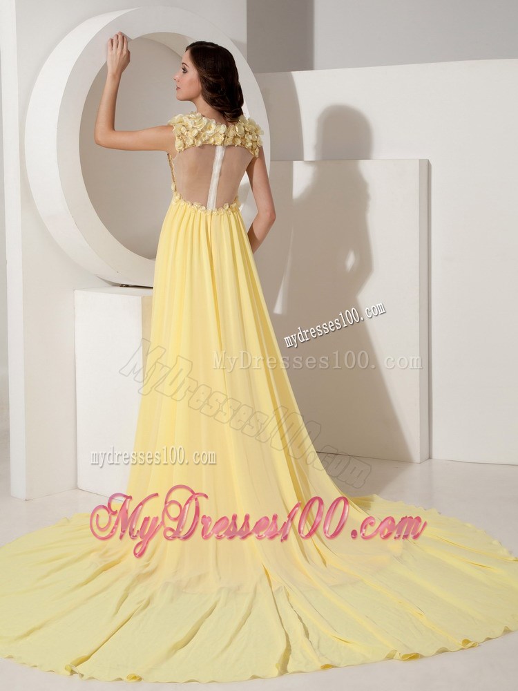 Flowers and Beading Accent on V-neck Court Train Light Yellow Chiffon Prom Gown