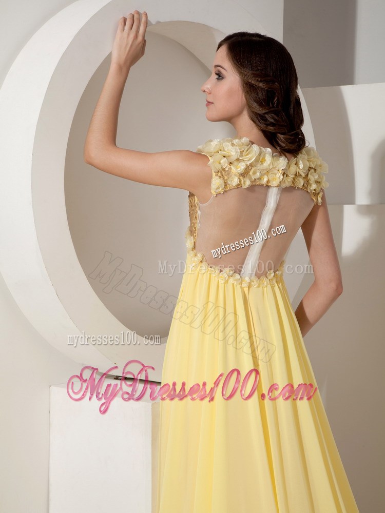 Flowers and Beading Accent on V-neck Court Train Light Yellow Chiffon Prom Gown