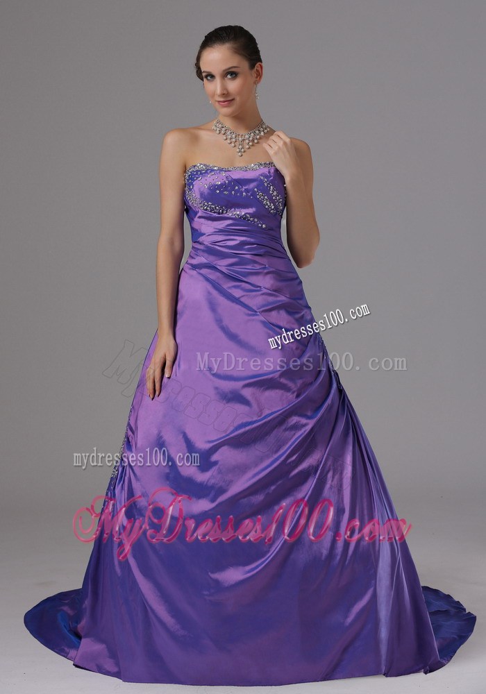 Corset Strapless Brush Train Prom Gown with Beading in Eggplant Purple