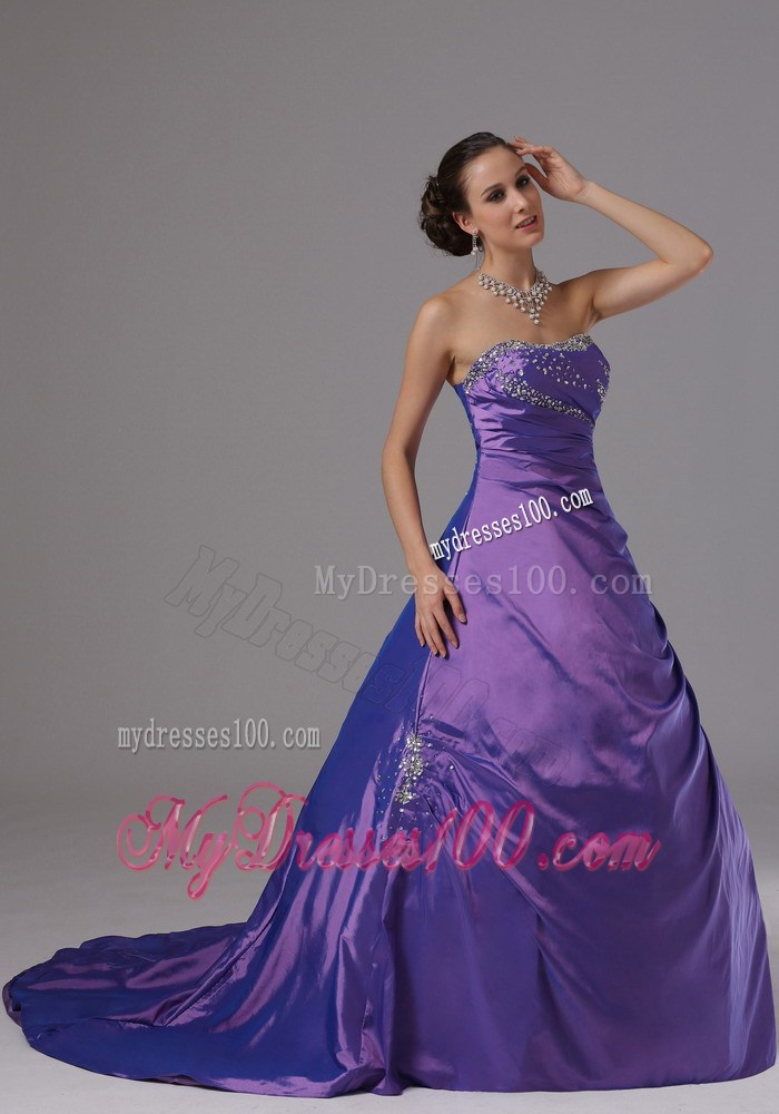 Corset Strapless Brush Train Prom Gown with Beading in Eggplant Purple