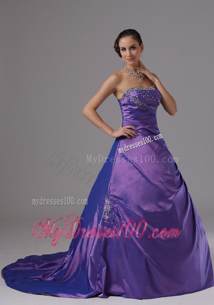 Corset Strapless Brush Train Prom Gown with Beading in Eggplant Purple