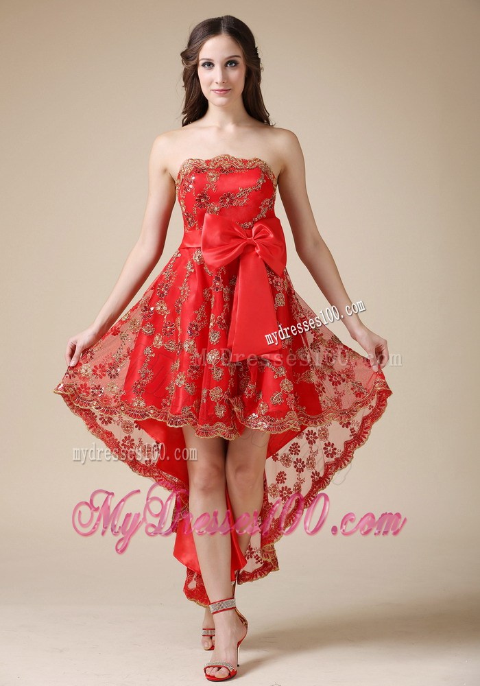 Red High-low Princess Sleeveless Bowknot Accent Lace Prom Gown