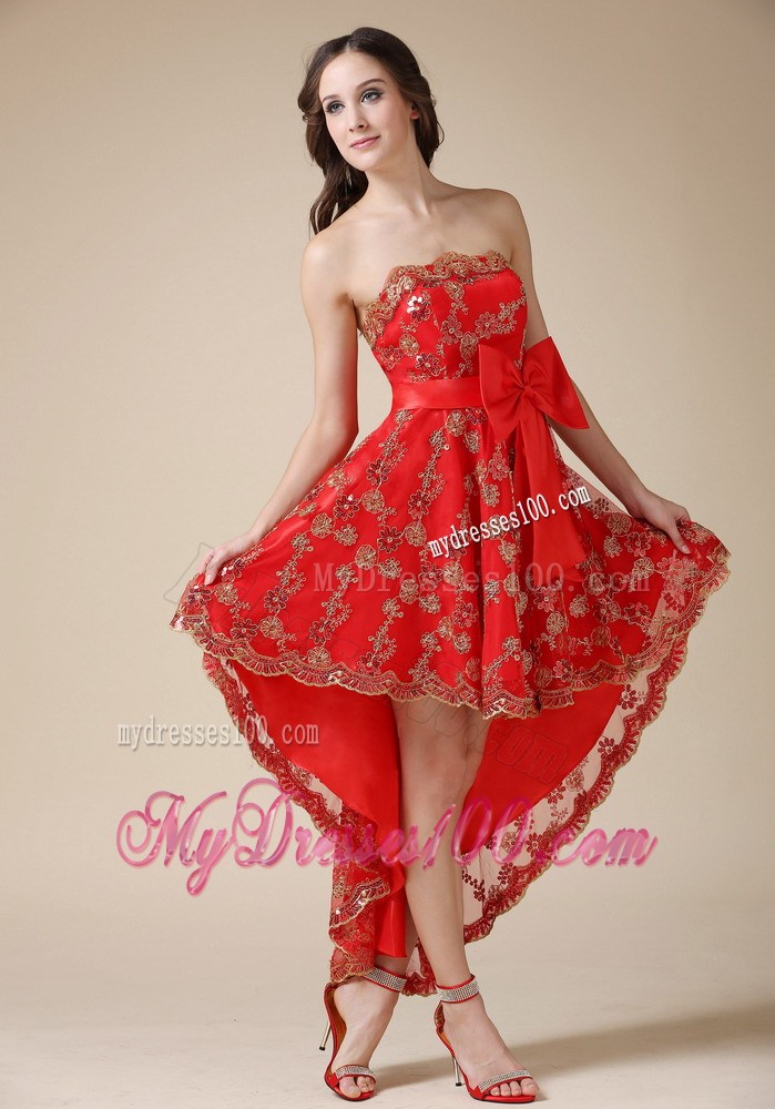 Red High-low Princess Sleeveless Bowknot Accent Lace Prom Gown