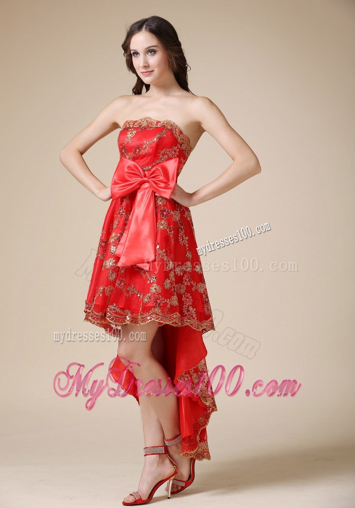 Red High-low Princess Sleeveless Bowknot Accent Lace Prom Gown