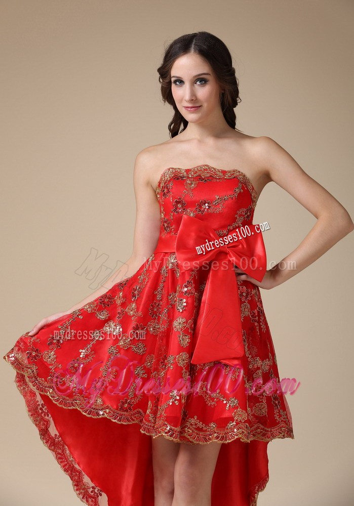 Red High-low Princess Sleeveless Bowknot Accent Lace Prom Gown