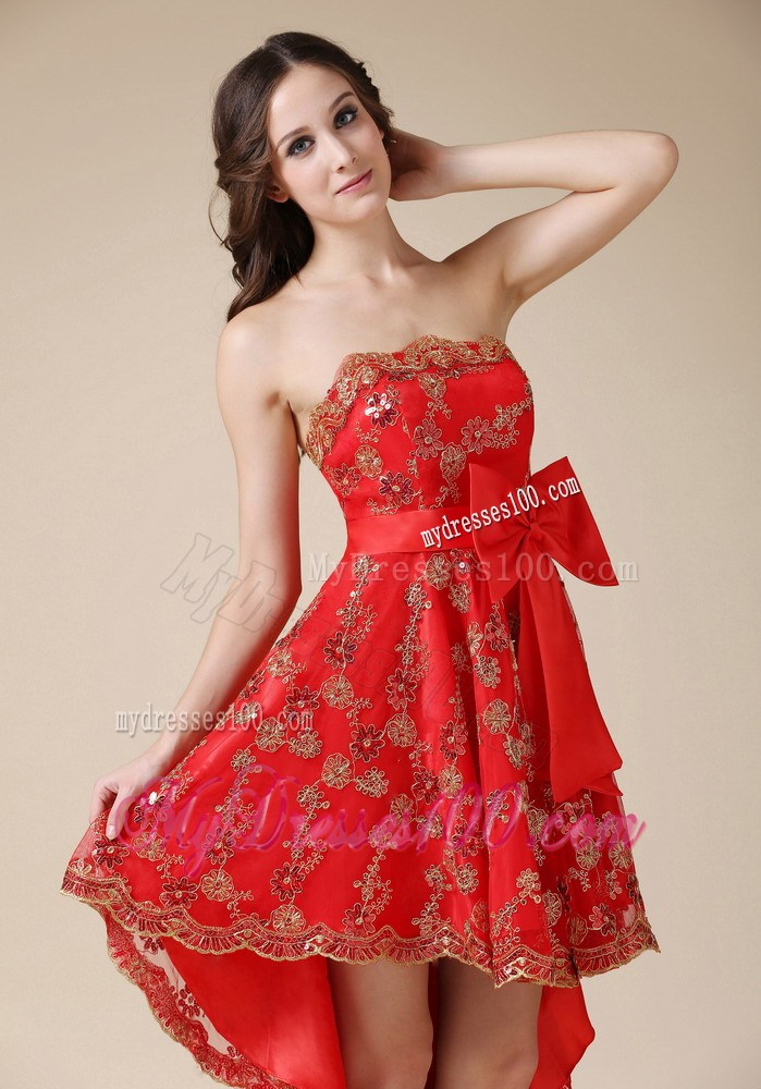Red High-low Princess Sleeveless Bowknot Accent Lace Prom Gown