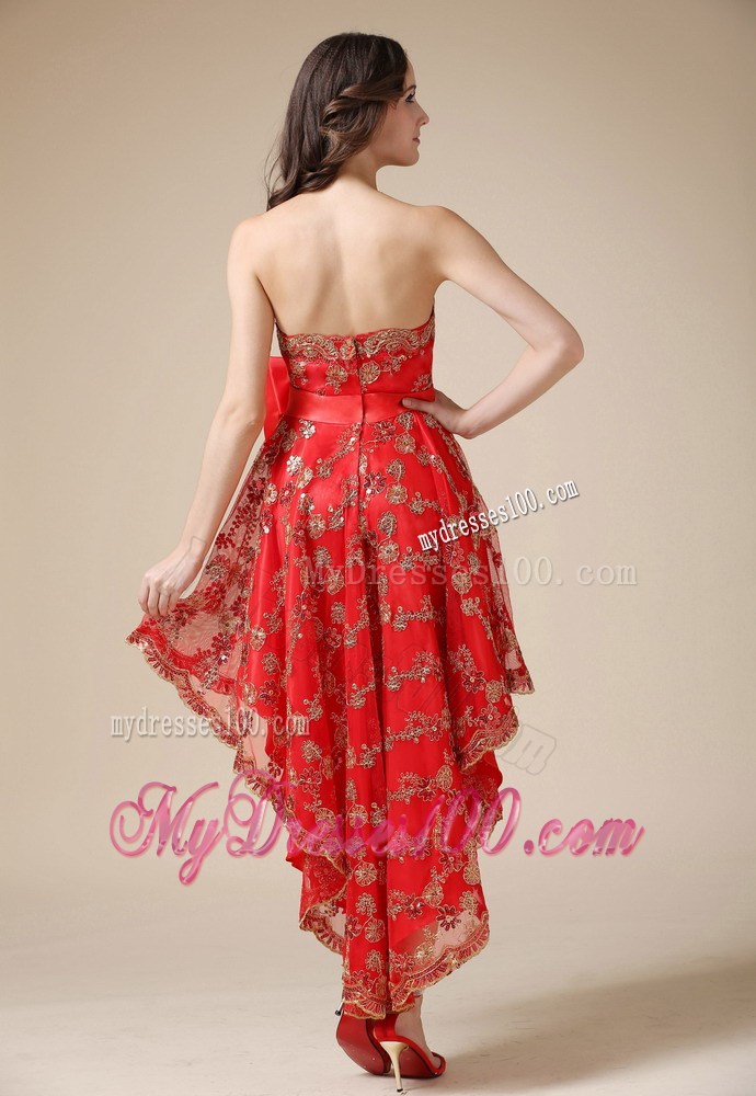 Red High-low Princess Sleeveless Bowknot Accent Lace Prom Gown