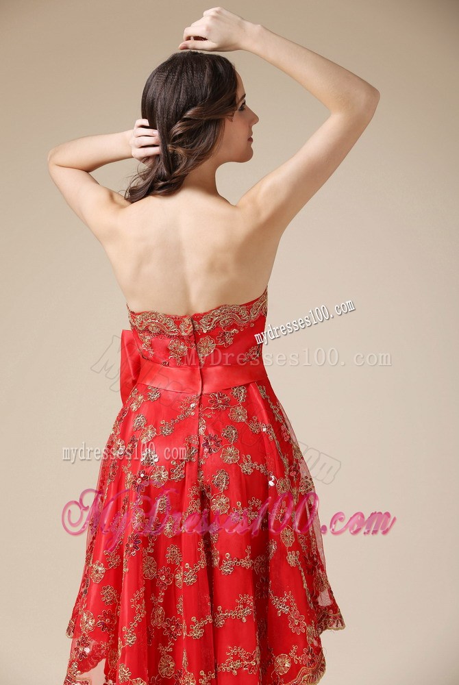 Red High-low Princess Sleeveless Bowknot Accent Lace Prom Gown