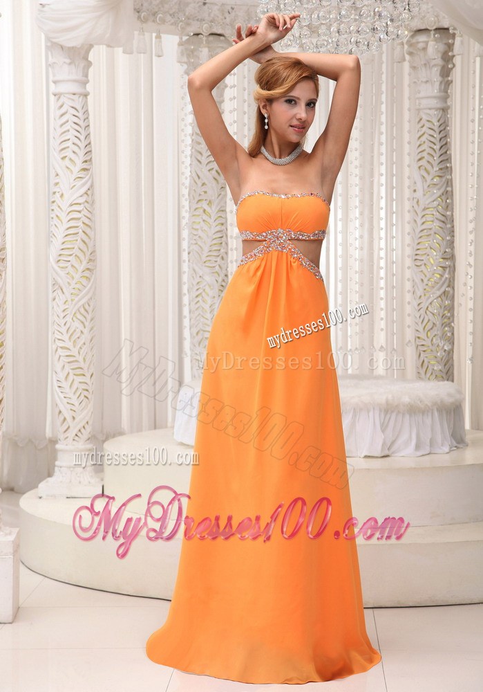 Strapless Sweetheart Orange Chiffon Floor-length Prom Dress with Cutout Waist
