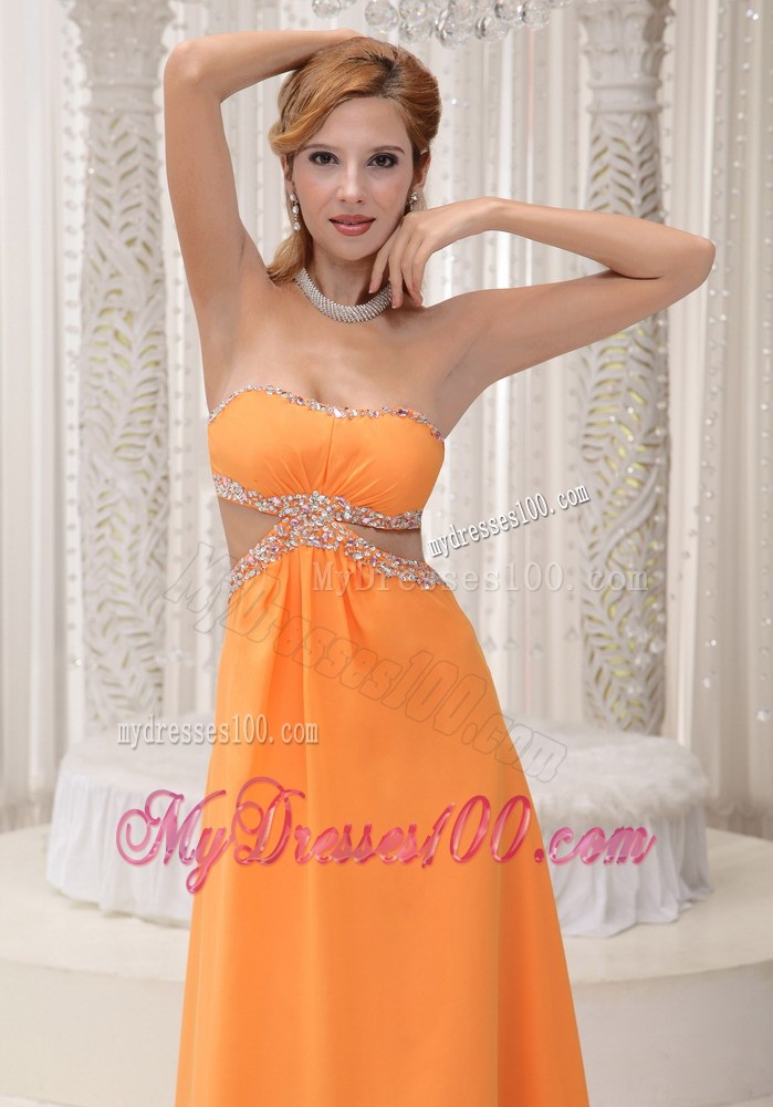 Strapless Sweetheart Orange Chiffon Floor-length Prom Dress with Cutout Waist