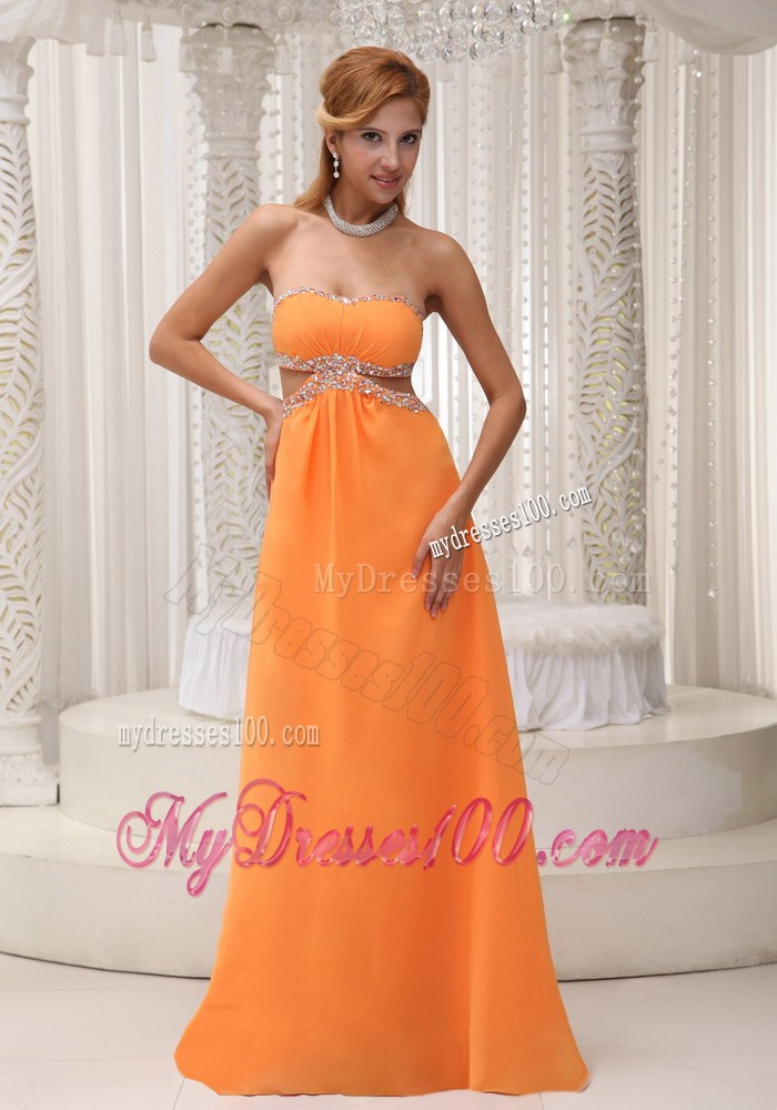 Strapless Sweetheart Orange Chiffon Floor-length Prom Dress with Cutout Waist