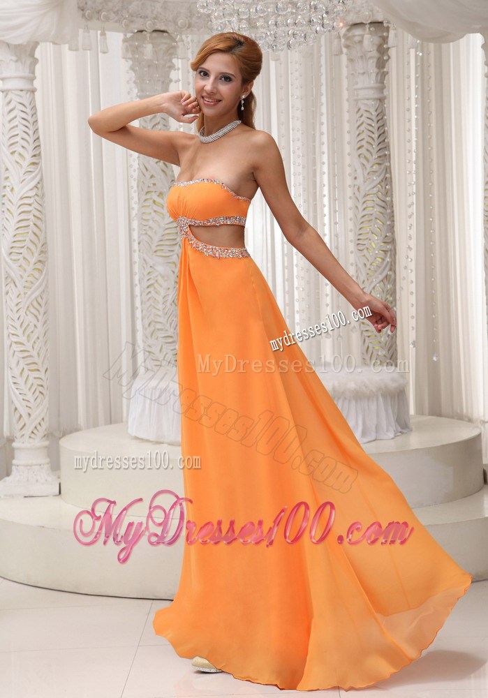 Strapless Sweetheart Orange Chiffon Floor-length Prom Dress with Cutout Waist