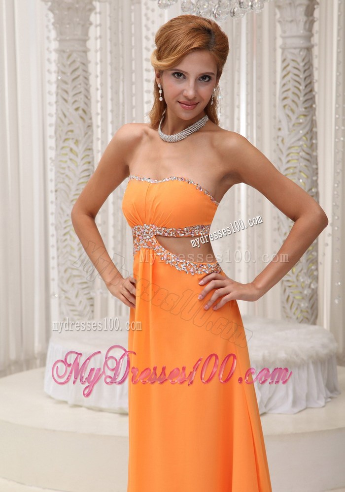 Strapless Sweetheart Orange Chiffon Floor-length Prom Dress with Cutout Waist