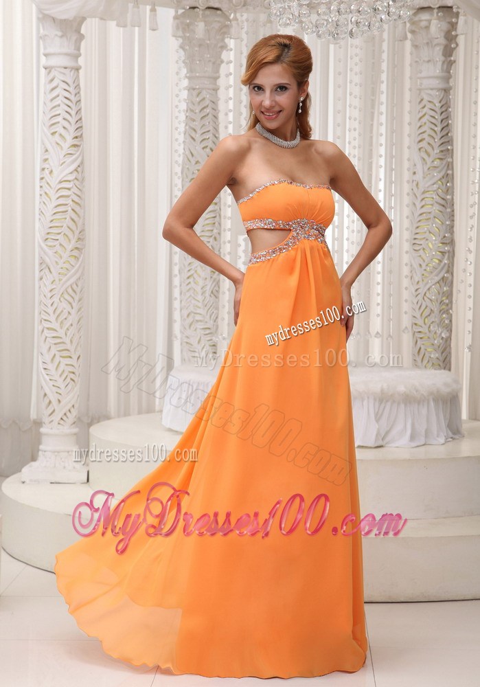 Strapless Sweetheart Orange Chiffon Floor-length Prom Dress with Cutout Waist