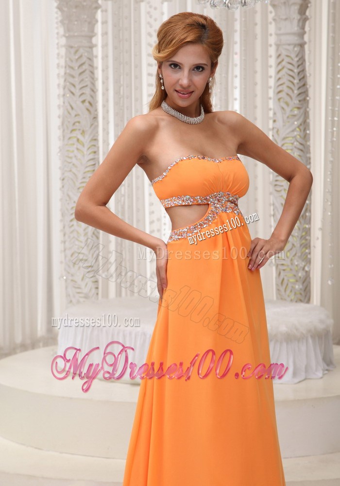 Strapless Sweetheart Orange Chiffon Floor-length Prom Dress with Cutout Waist