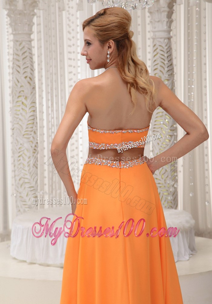 Strapless Sweetheart Orange Chiffon Floor-length Prom Dress with Cutout Waist