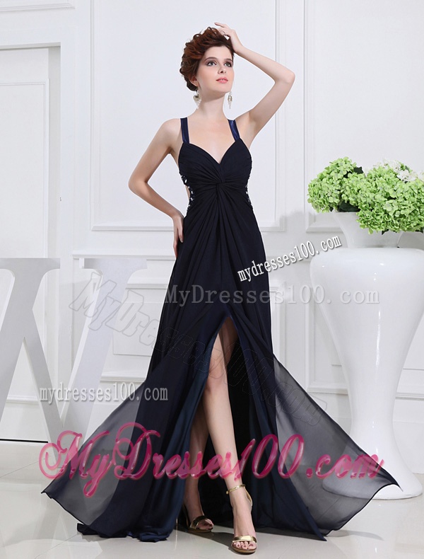 Empire Floor-length Straps Ruching Navy Blue Evening Dress