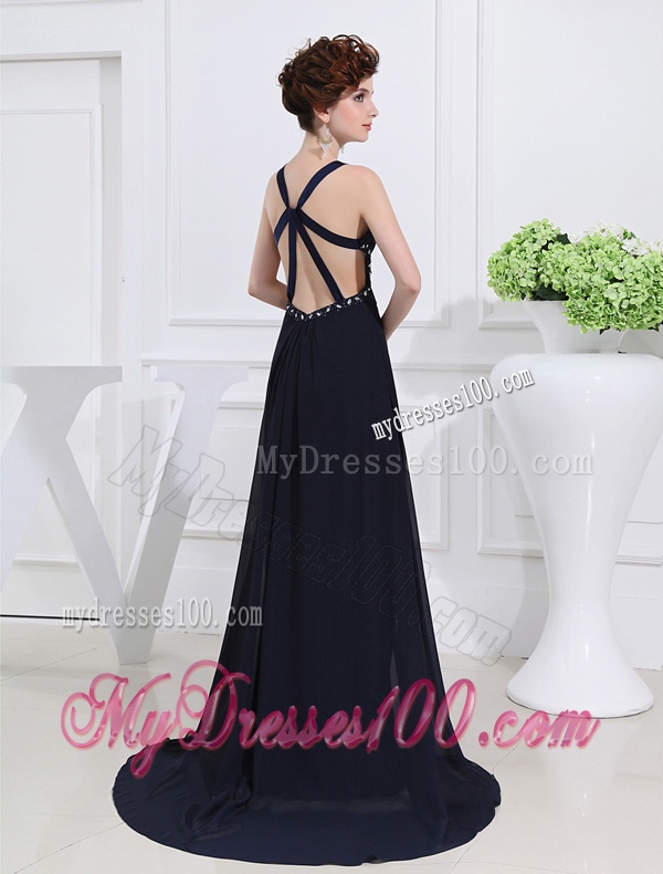 Empire Floor-length Straps Ruching Navy Blue Evening Dress