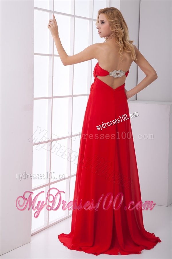 Empire Strapless Beading Backless Red Chiffon Evening Dress