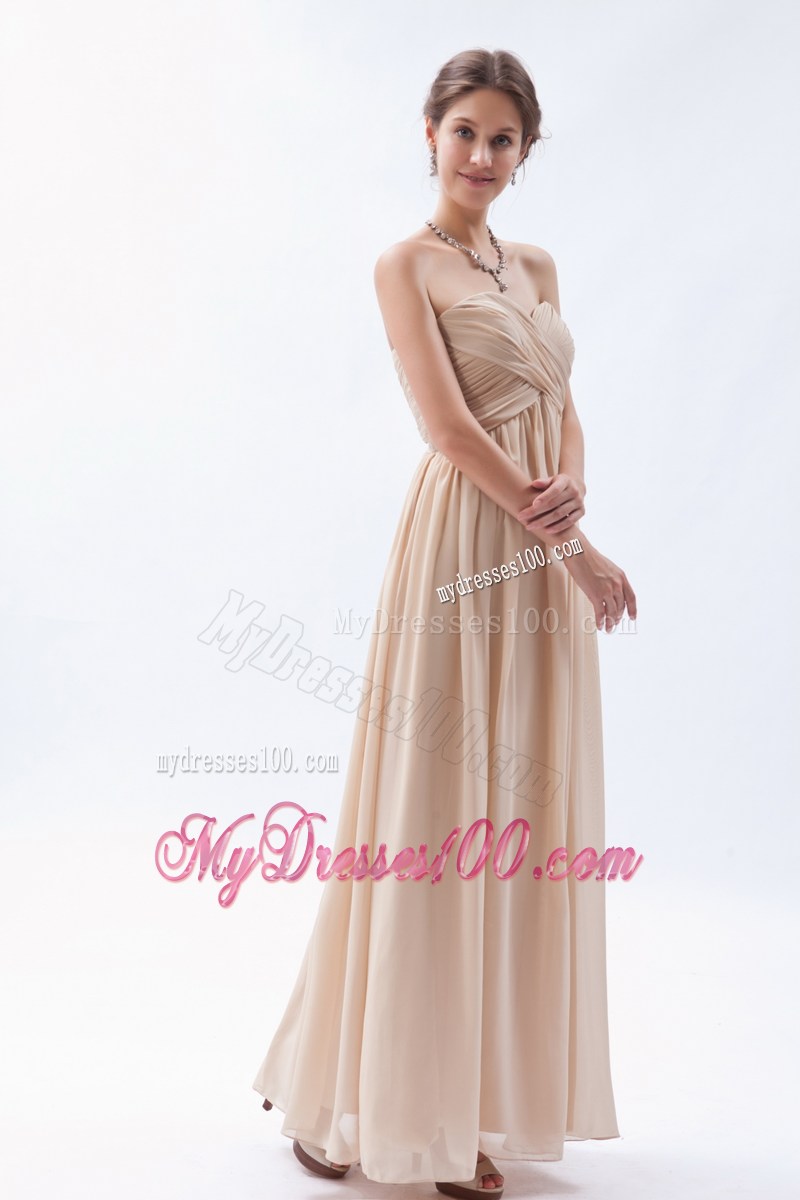 Perfect Ruched Sweetheart Champagne Dresses for Prom of Ankle-length