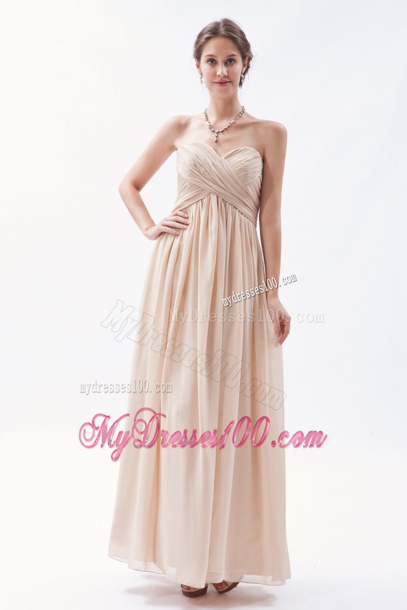 Perfect Ruched Sweetheart Champagne Dresses for Prom of Ankle-length