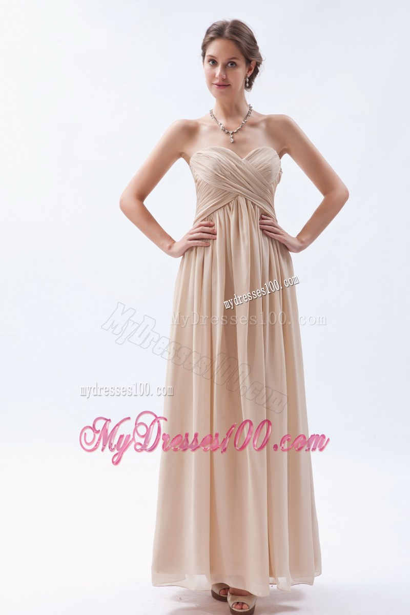 Perfect Ruched Sweetheart Champagne Dresses for Prom of Ankle-length