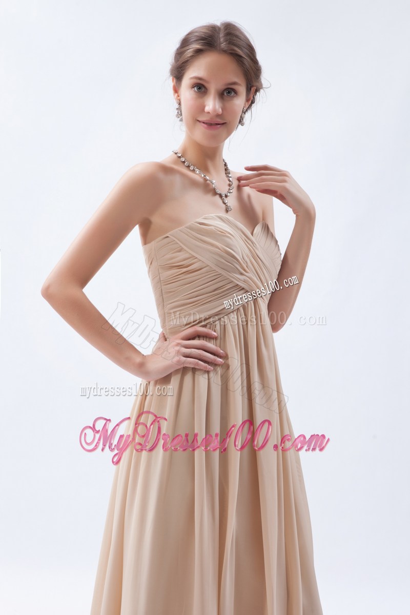 Perfect Ruched Sweetheart Champagne Dresses for Prom of Ankle-length