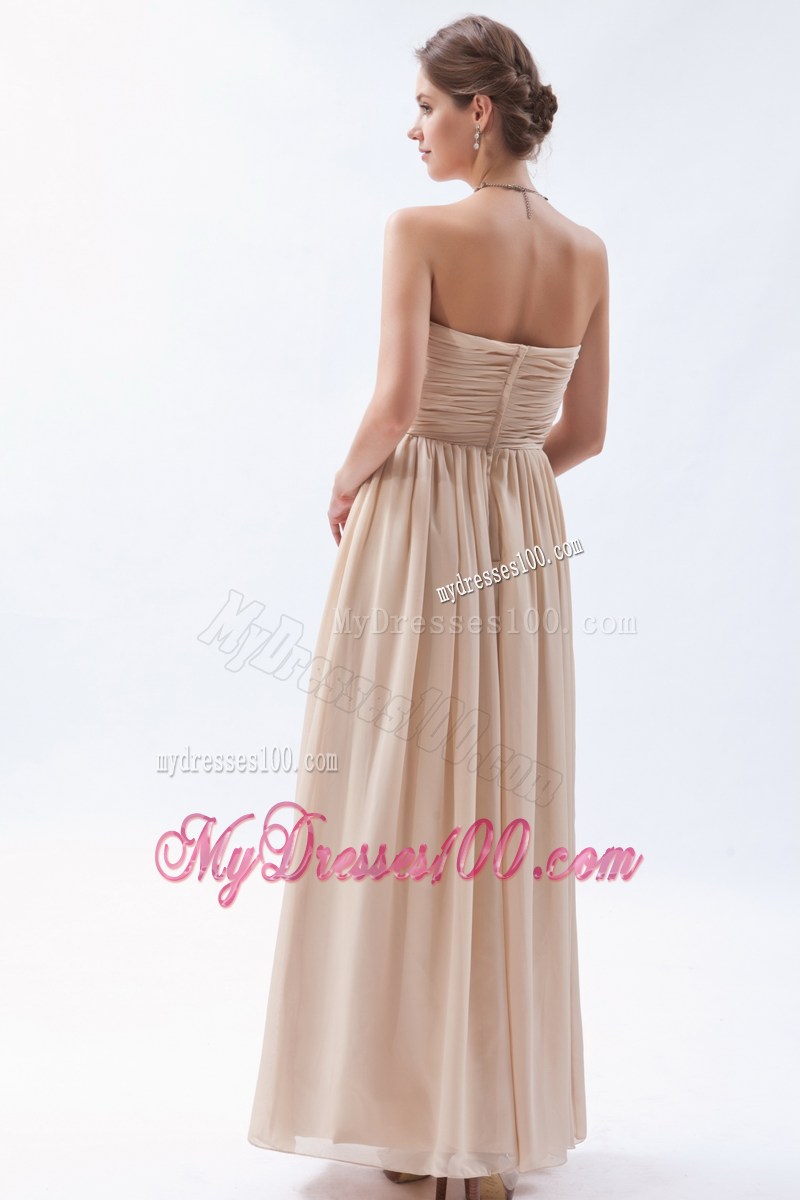 Perfect Ruched Sweetheart Champagne Dresses for Prom of Ankle-length