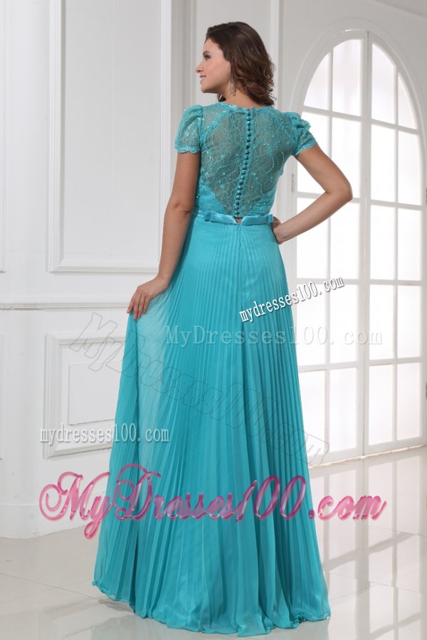 Empire V-neck Floor-length Beading Cap Sleeves Evening Dress with Pleats