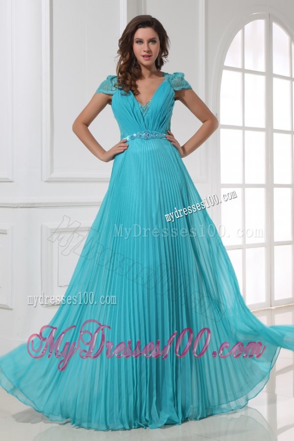Empire V-neck Floor-length Beading Cap Sleeves Evening Dress with Pleats
