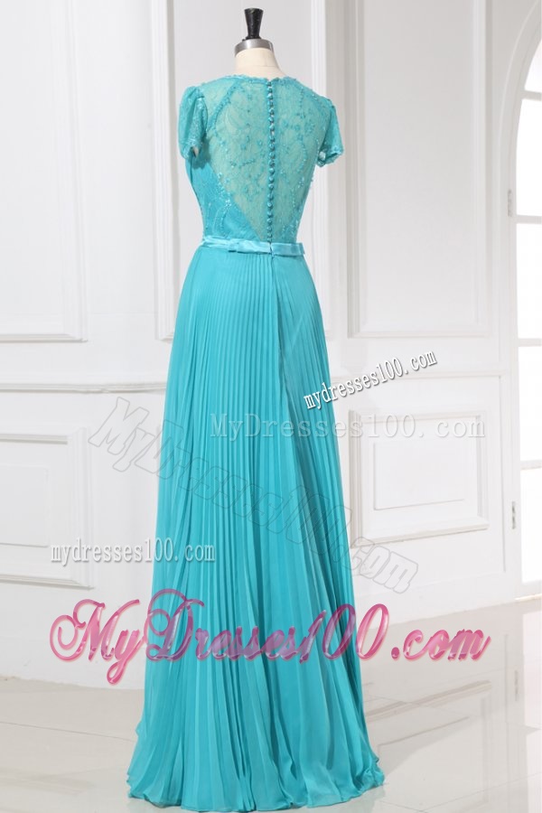 Empire V-neck Floor-length Beading Cap Sleeves Evening Dress with Pleats