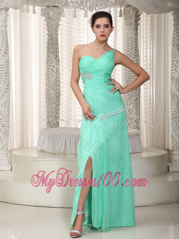 Apple Green Chiffon Beaded and Ruched Prom Dress with one Shoulder and High Slit