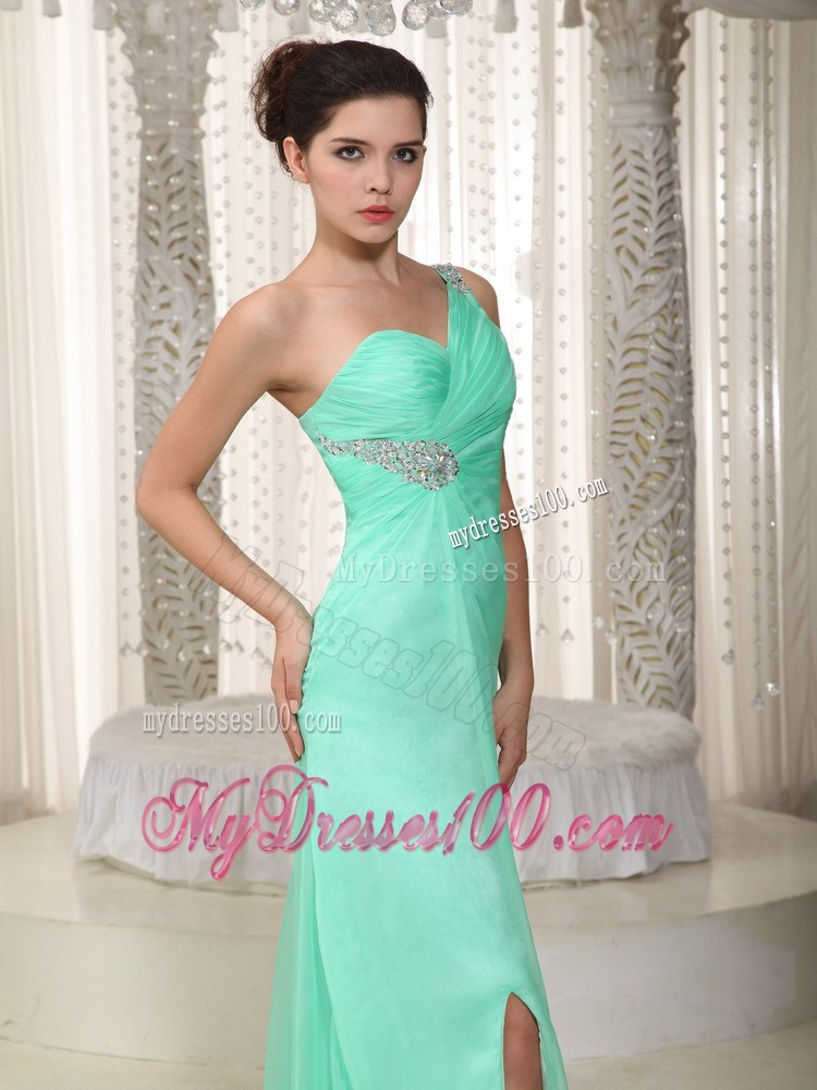 Apple Green Chiffon Beaded and Ruched Prom Dress with one Shoulder and High Slit