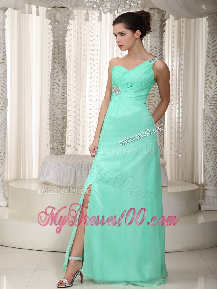 Apple Green Chiffon Beaded and Ruched Prom Dress with one Shoulder and High Slit