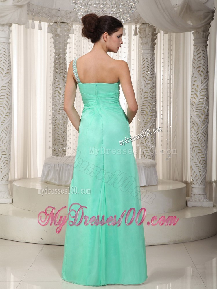 Apple Green Chiffon Beaded and Ruched Prom Dress with one Shoulder and High Slit