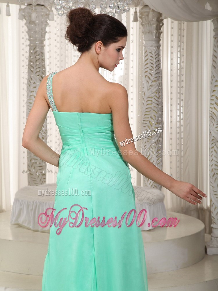 Apple Green Chiffon Beaded and Ruched Prom Dress with one Shoulder and High Slit