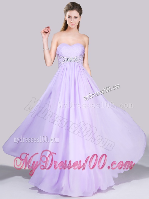 Exclusive Empire Button Up Beaded and Ruched Evening Dress in Lavender