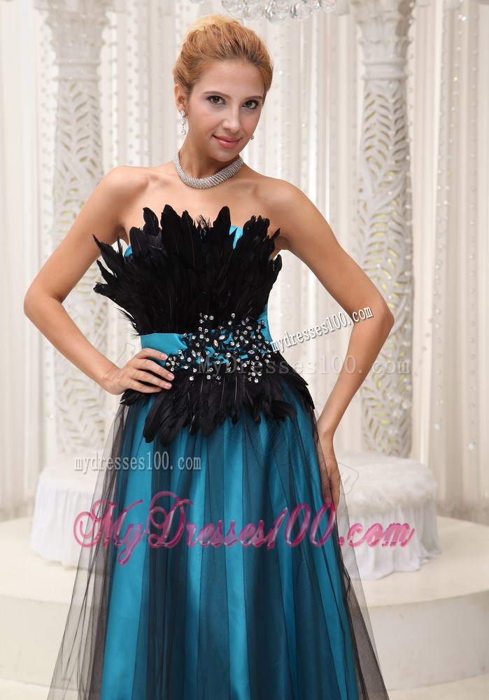 Black and Teal Column Tulle and Taffeta Prom Dress with Feather and Beading