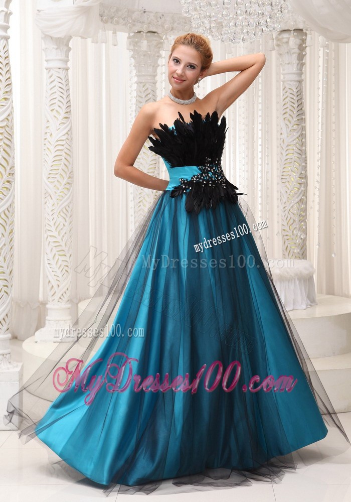 Black and Teal Column Tulle and Taffeta Prom Dress with Feather and Beading