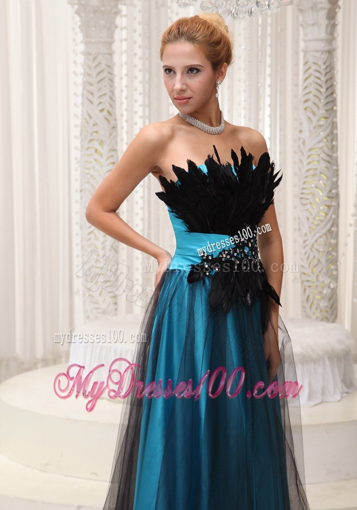 Black and Teal Column Tulle and Taffeta Prom Dress with Feather and Beading