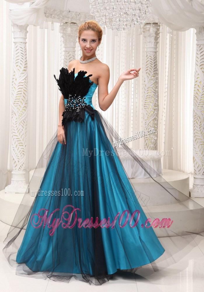 Black and Teal Column Tulle and Taffeta Prom Dress with Feather and Beading