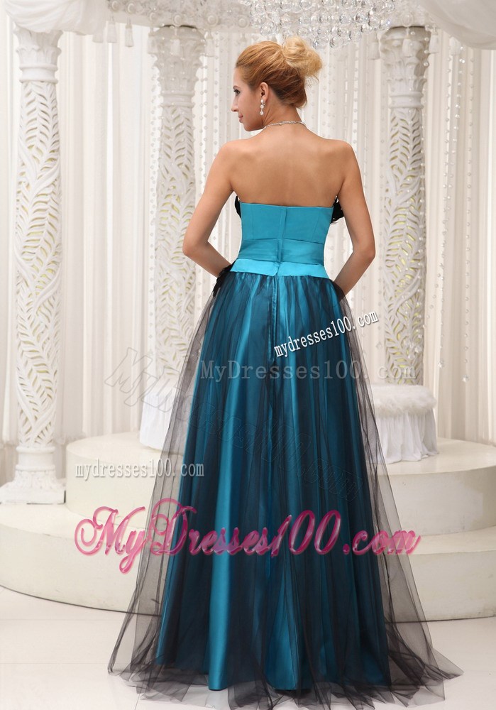 Black and Teal Column Tulle and Taffeta Prom Dress with Feather and Beading