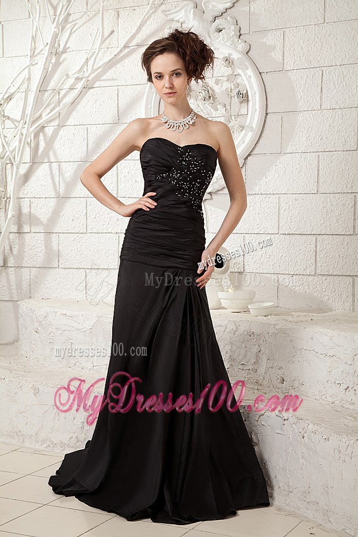 Beaded and Ruched Black Taffeta Column Prom Gown with Brush Train