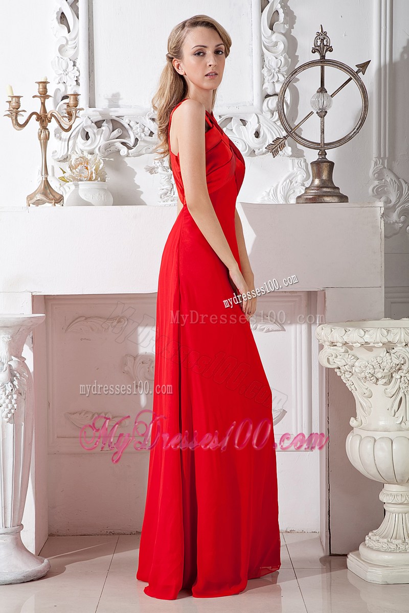 High-neck and High Slit Accent Red Floor-length Red Prom Gown with Criss Cross Back
