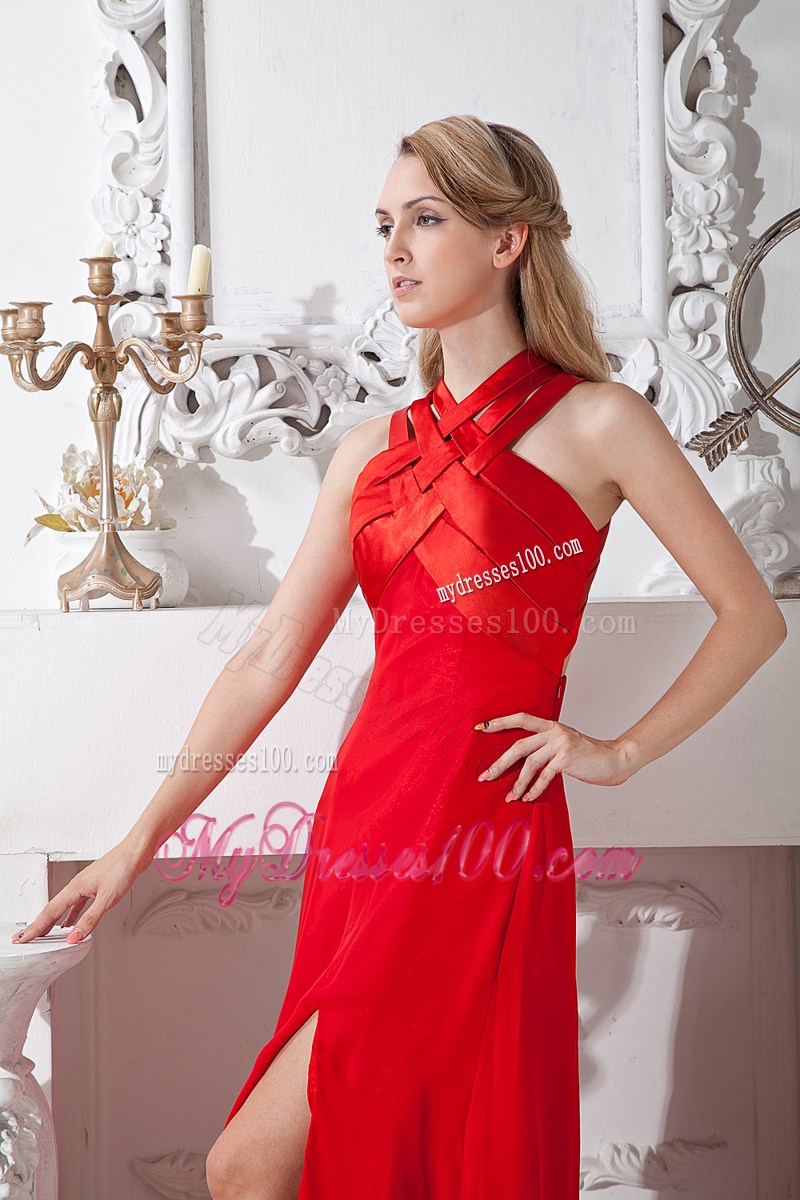 High-neck and High Slit Accent Red Floor-length Red Prom Gown with Criss Cross Back