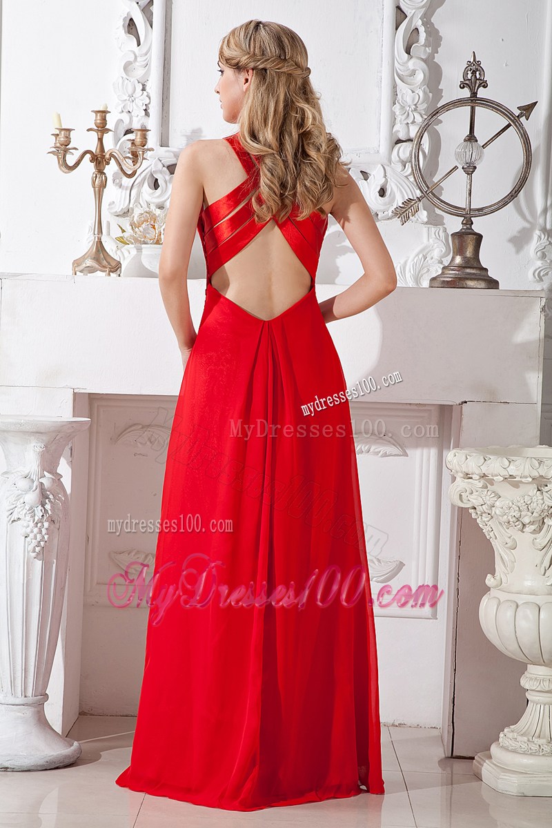 High-neck and High Slit Accent Red Floor-length Red Prom Gown with Criss Cross Back