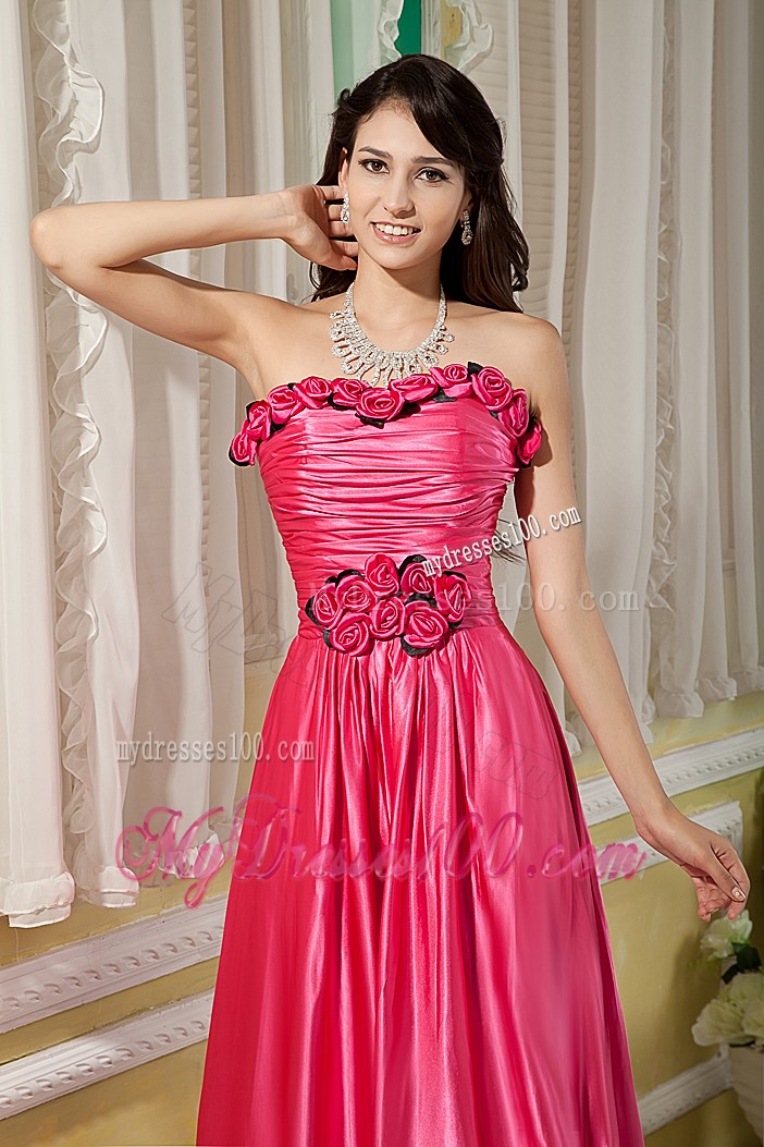 Flowers and Ruches Decorate on Floor-length Prom Gowns in Hot Pink