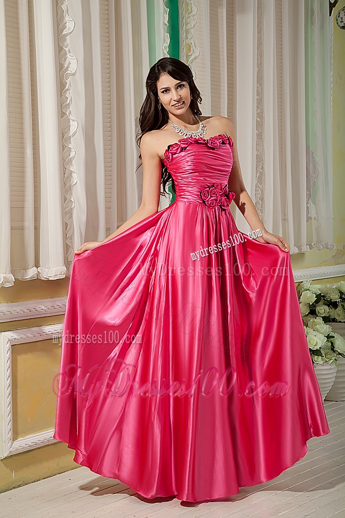 Flowers and Ruches Decorate on Floor-length Prom Gowns in Hot Pink