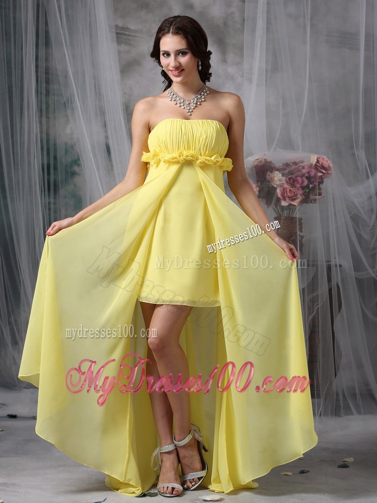 Flowers and Ruches Decorate High-low Chiffon Prom Gown in Light Yellow